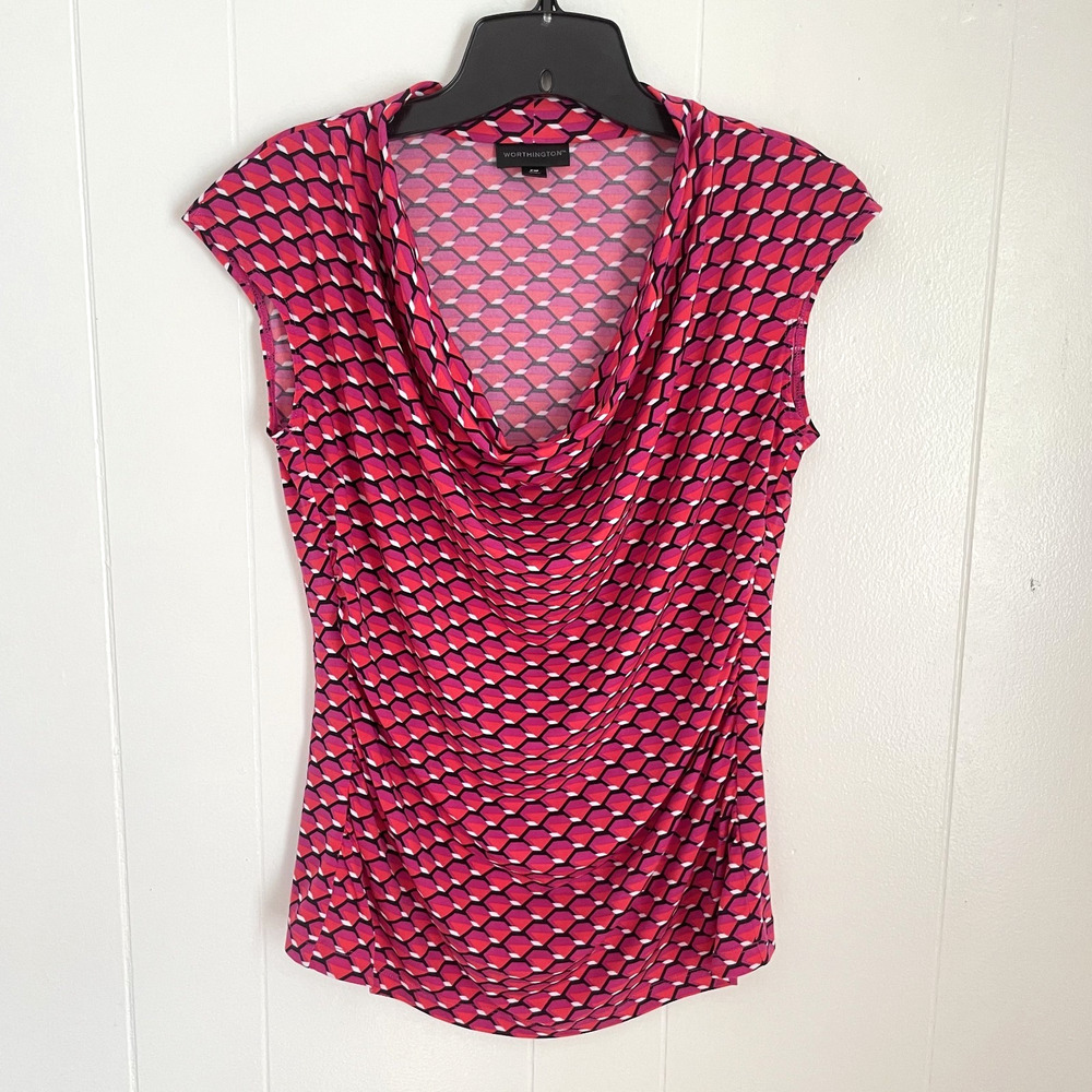 Y2K Retro Pink Geometric Print Top Women’s PM Cowl Neck Sleeveless Stretch Blous